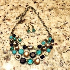 Statement Necklace with Earrings Set Resort Set ✨️ Bill Blass Gold Blue Smoky